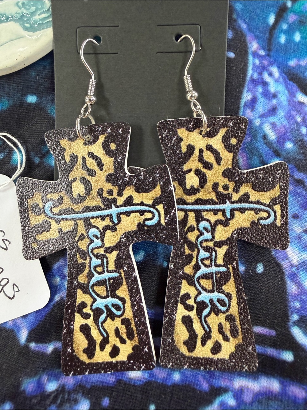 Leopard Cross Earrings with Turquoise Script-2 pairs (S)